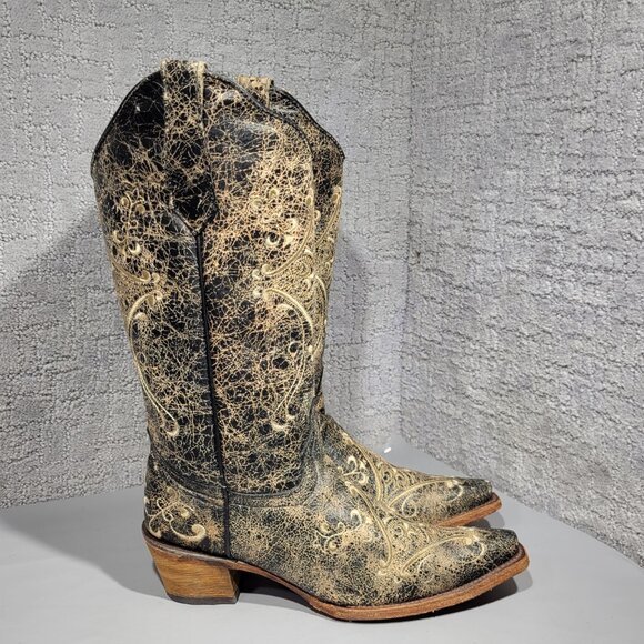 Corral Circle G Women's Size 7W US Black Crackle/Bone Embroidery Boots L5048 - Picture 4 of 11